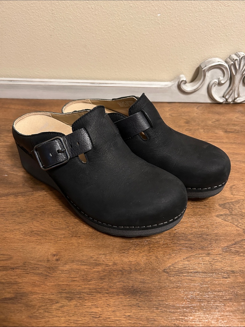 Dansko Black Leather Clogs with Buckle